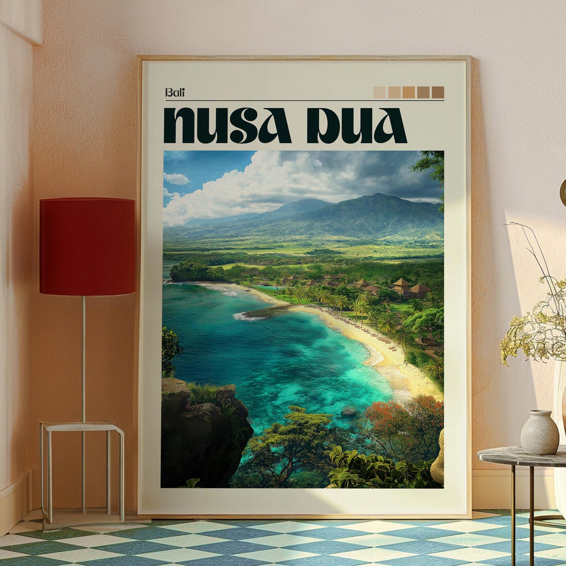 Nusa Dua Bali Turquoise Beach Cliffs Mountain View Travel Poster - Image 2