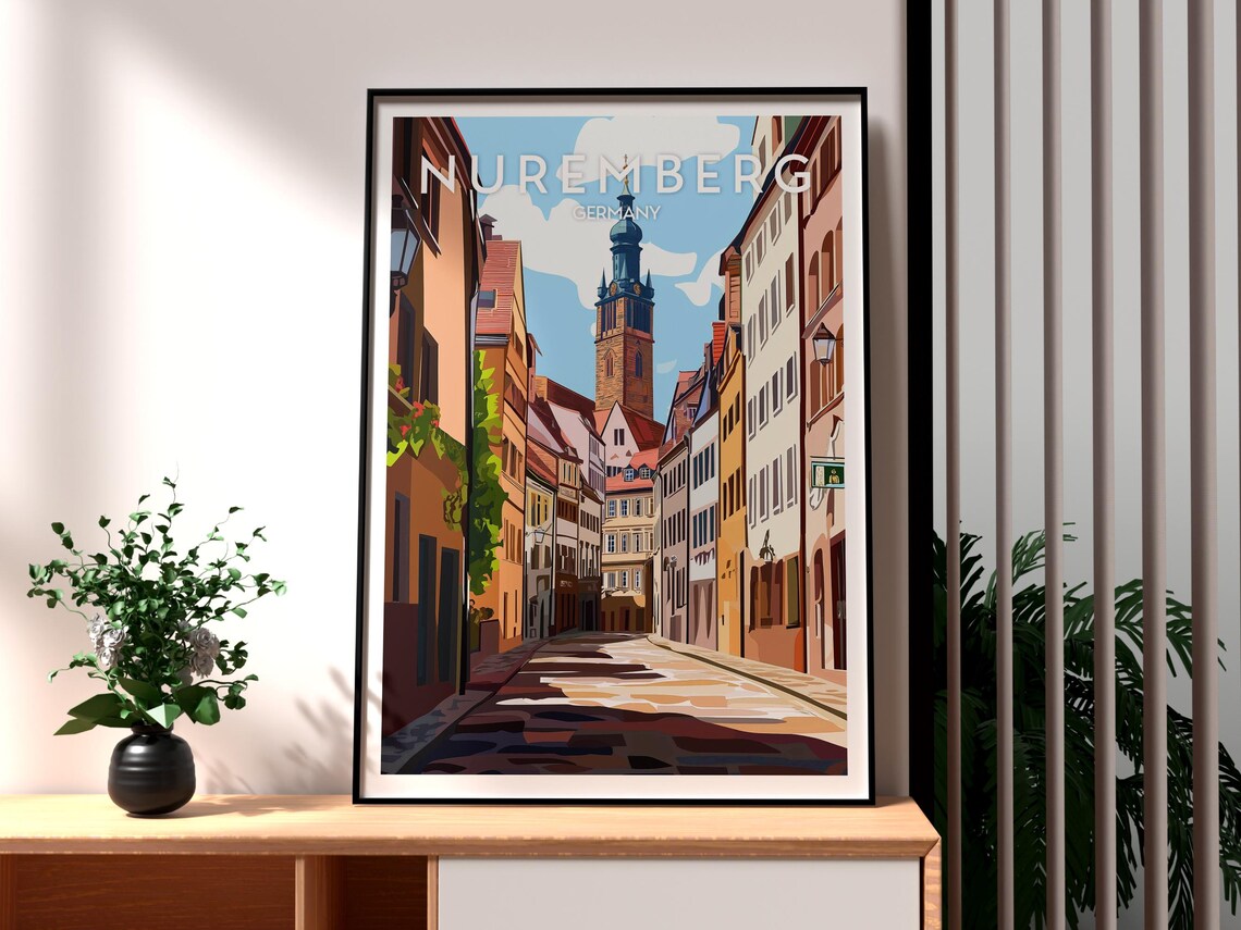 Nuremberg Germany Historic Old Town Street Church Tower Travel Poster