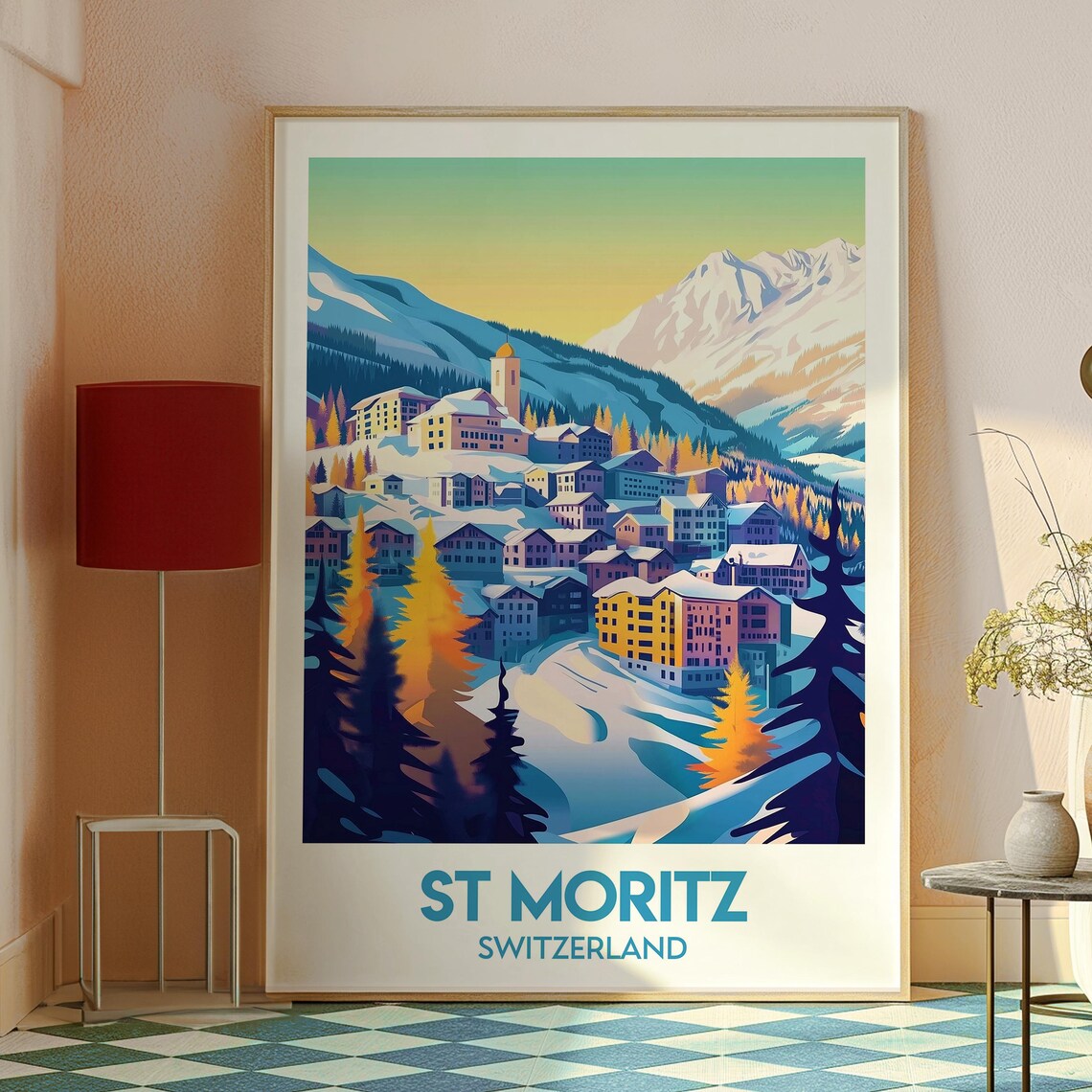 St Moritz Switzerland Alpine Ski Village Snowy Mountain Peaks Travel Poster - Image 2