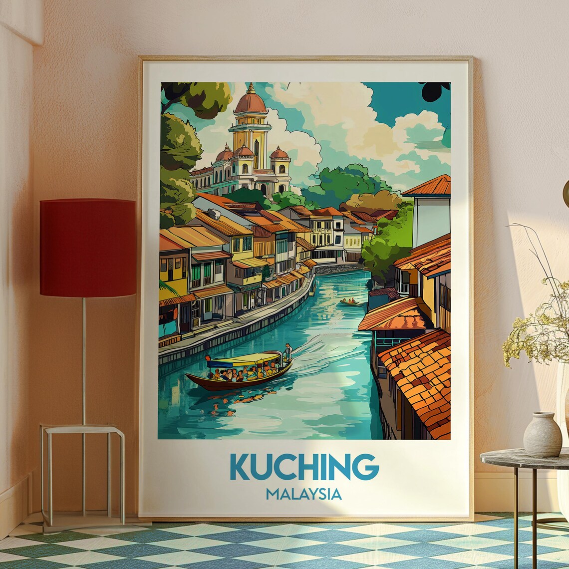 Kuching Malaysia Riverboat Waterfront Shophouses Vintage Travel Poster - Image 2