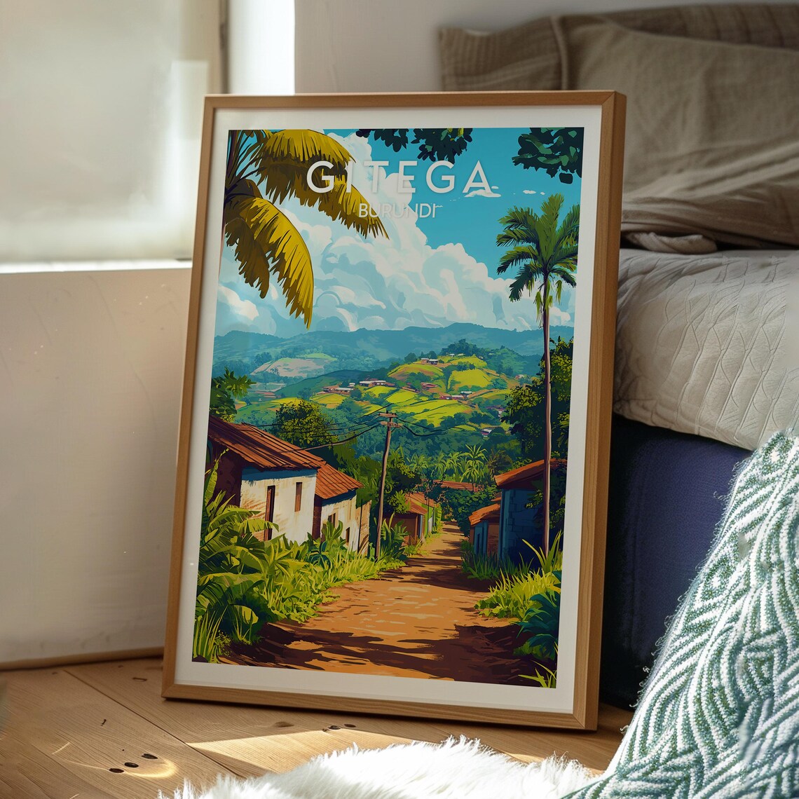 Gitega Burundi Tropical Village Road Palm Trees Green Hills Poster - Image 3