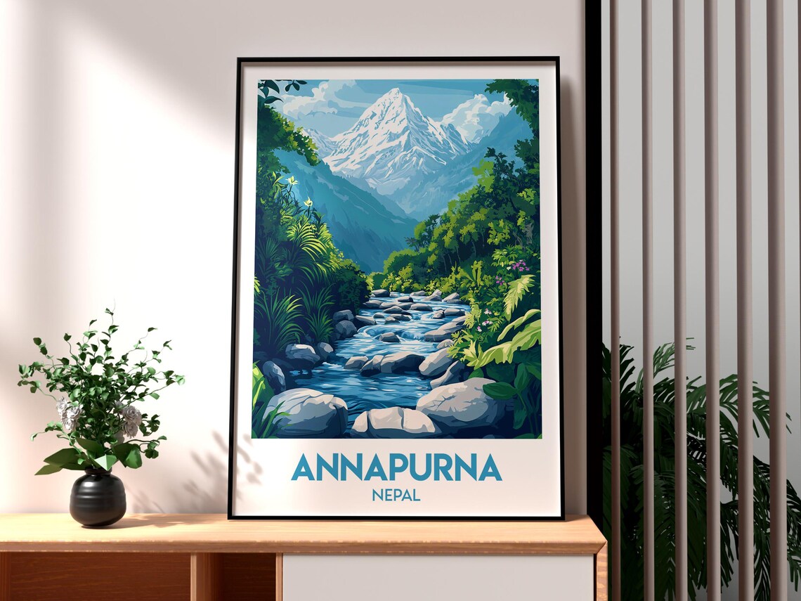 Annapurna Nepal Snow Peak Over Jungle River Valley Travel Poster