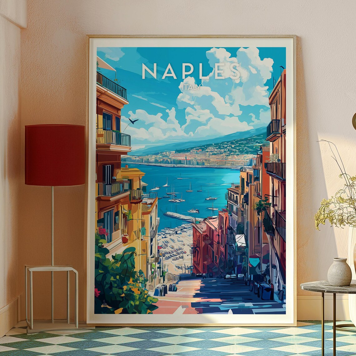 Naples Italy Bay Overlook Steep Street Boats Vintage Travel Poster - Image 2