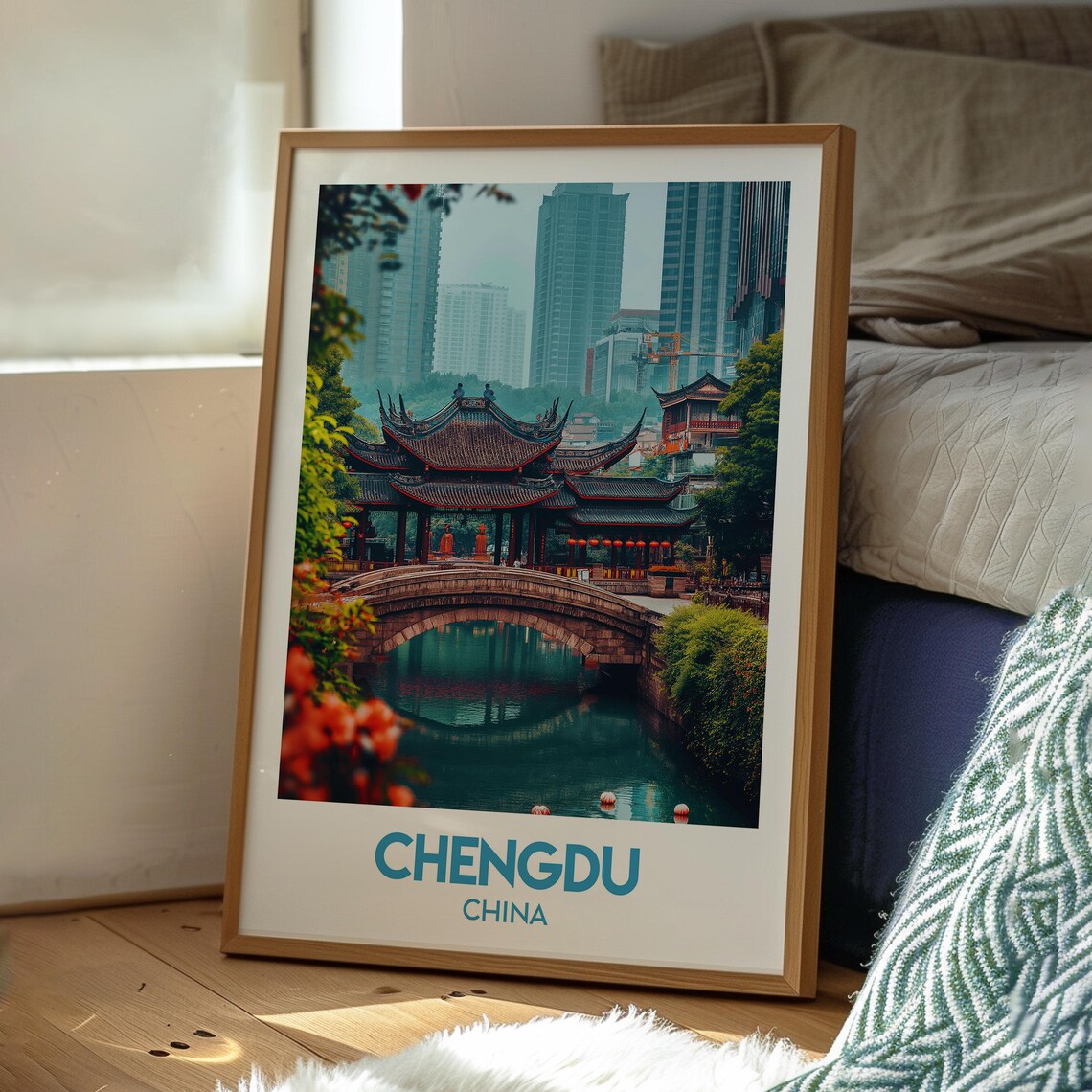 Chengdu China Traditional Temple Stone Bridge River View Poster - Image 3