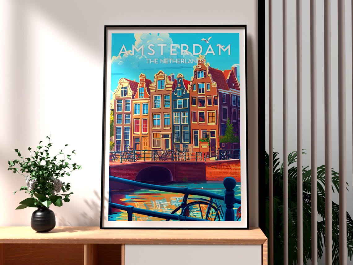 Amsterdam Netherlands Canal Bridge Reflection Dutch Travel Poster