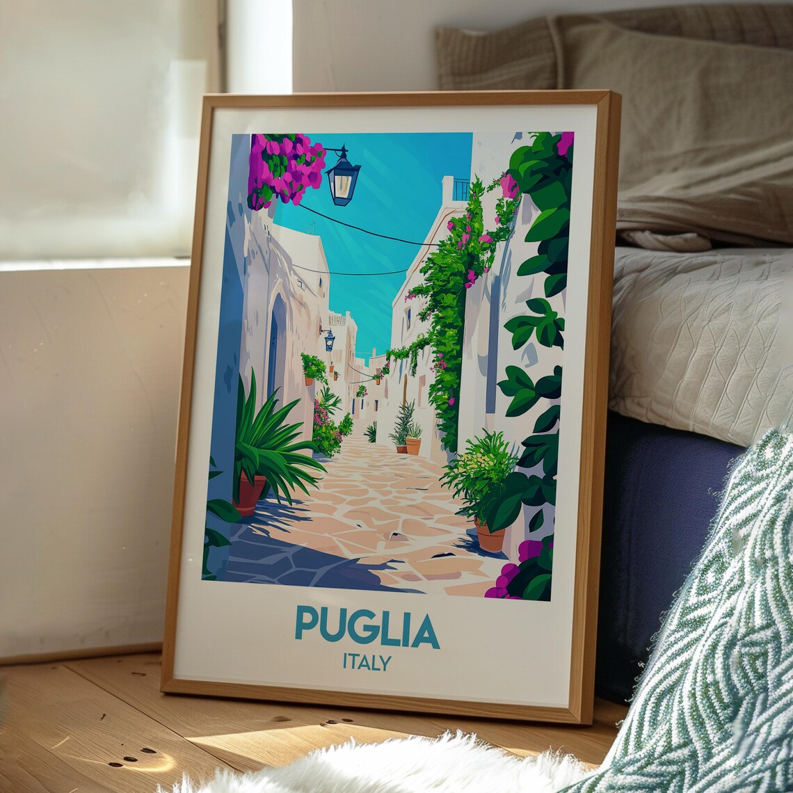 Puglia Italy Whitewashed Alley Bougainvillea Village Travel Poster