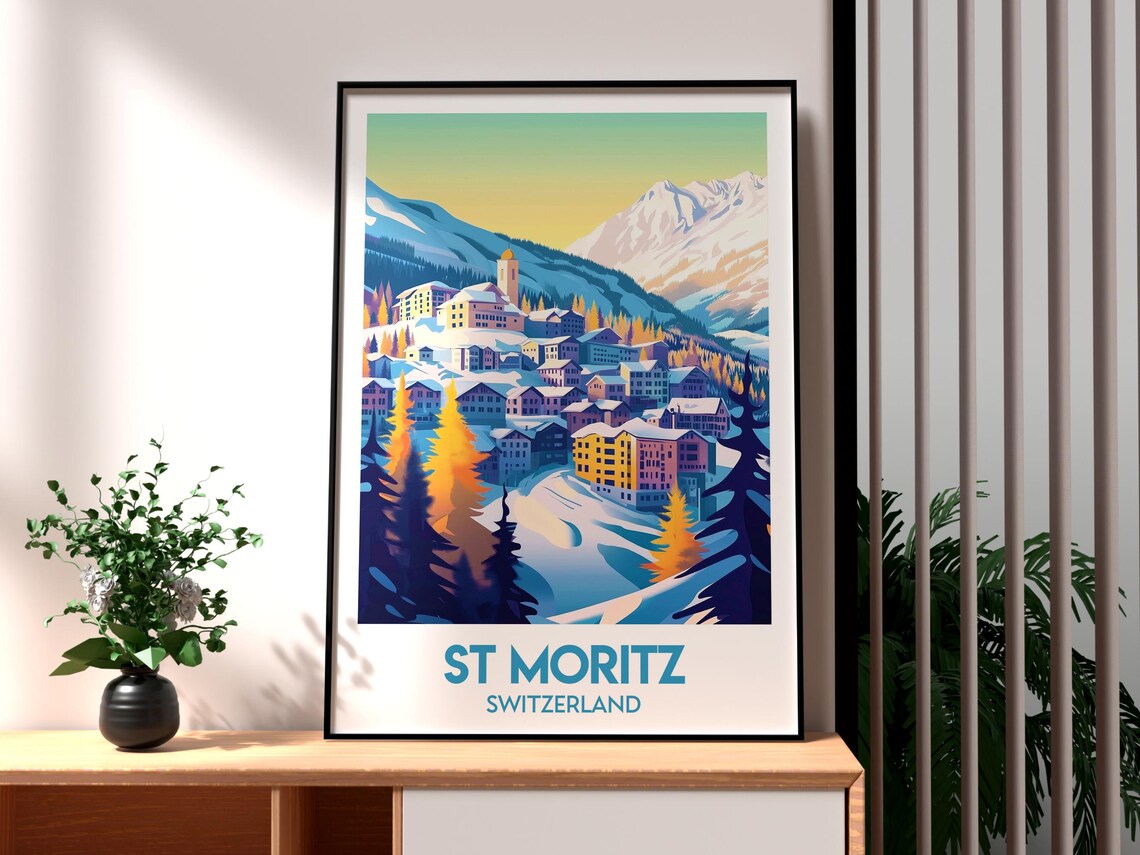 St Moritz Switzerland Alpine Ski Village Snowy Mountain Peaks Travel Poster