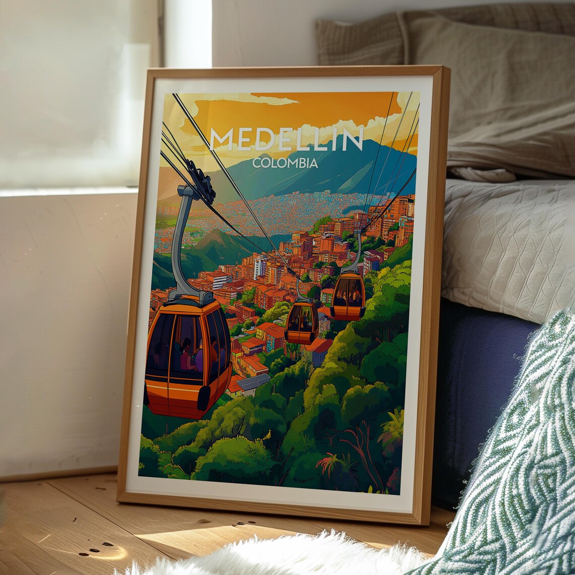 Medellin Colombia Cable Cars Hillside City Sunset View Poster - Image 3