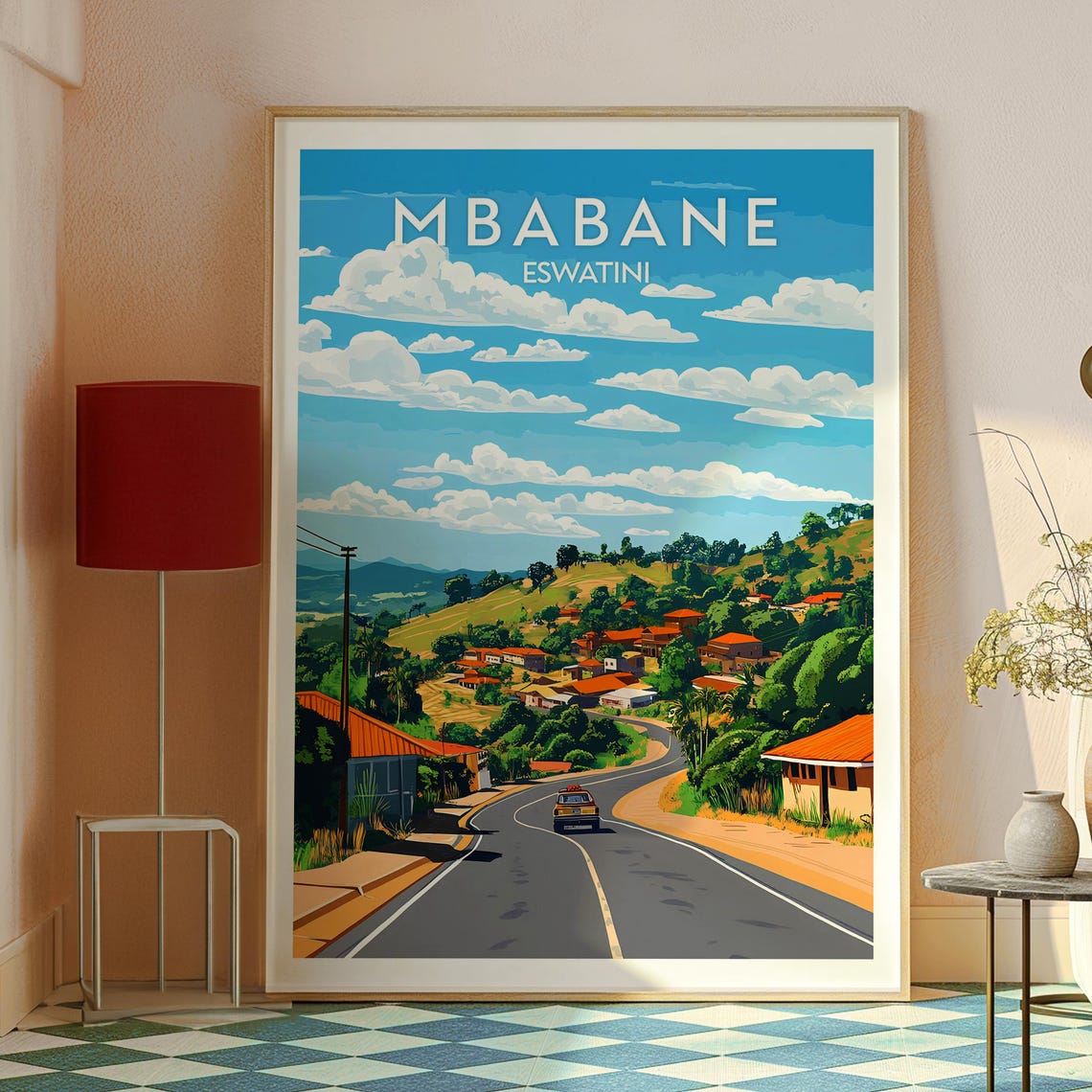 Mbabane Eswatini Red Roofs Hillside Town Travel Scene Poster - Image 2