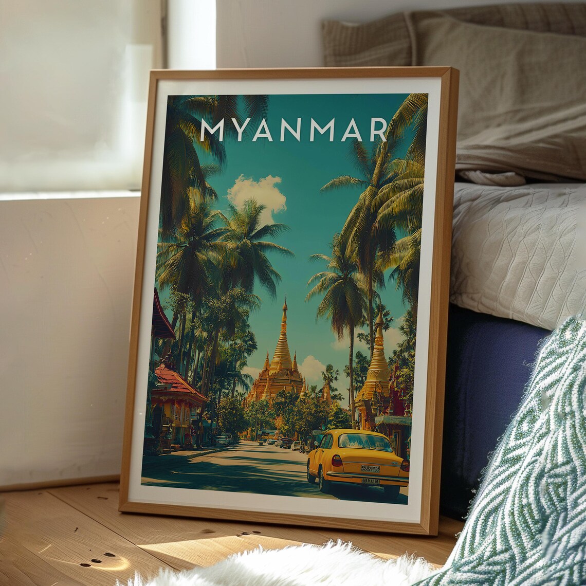 Myanmar Golden Pagodas Palm Lined Street Retro Travel Scene Poster - Image 3