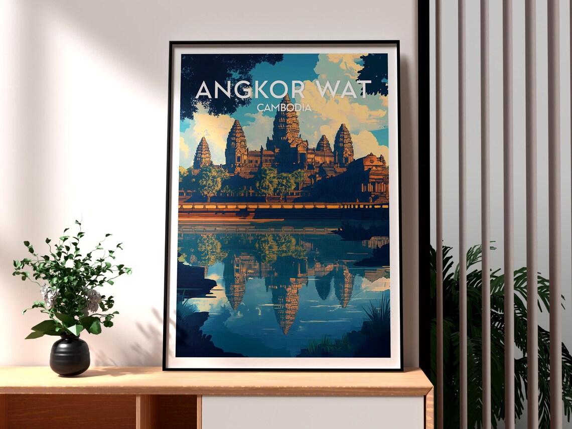 Angkor Wat Cambodia Temple Reflection Lake Evening Sky Travel Poster