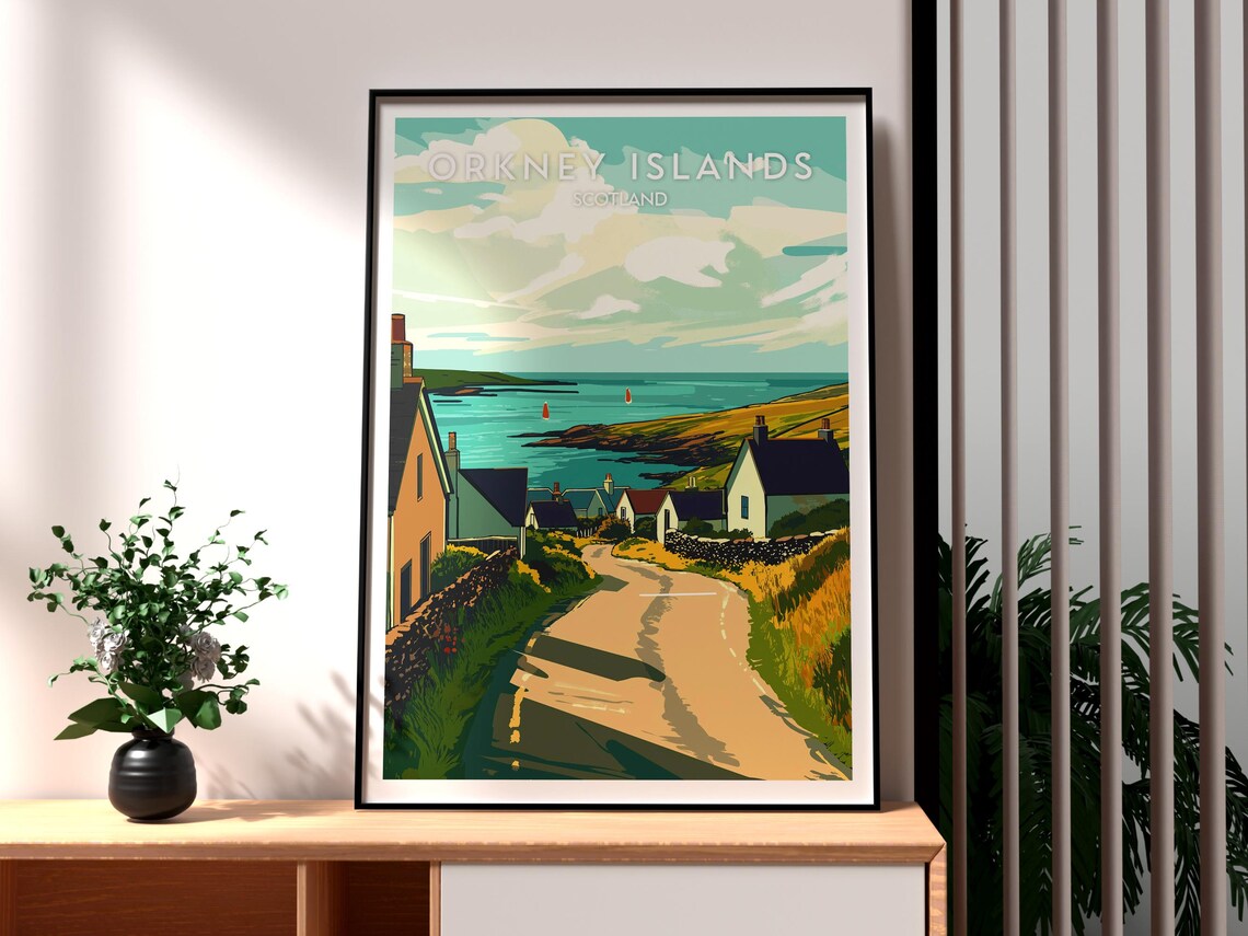 Orkney Islands Scotland Coastal Road Cottages Sailboats Travel Poster