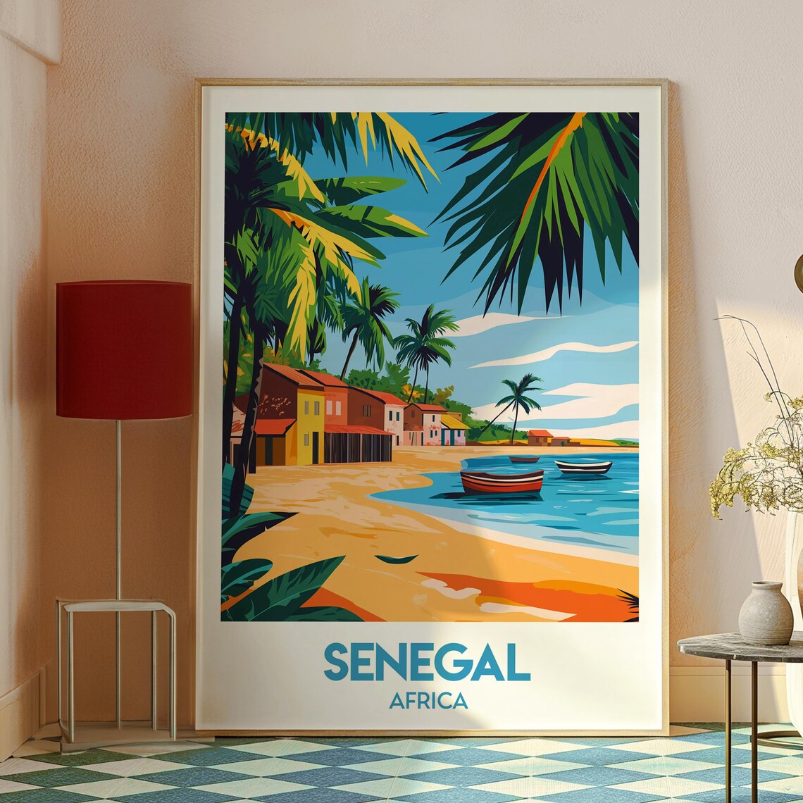 Senegal Africa Palm Beach Village Fishing Boats Retro Travel Poster - Image 2