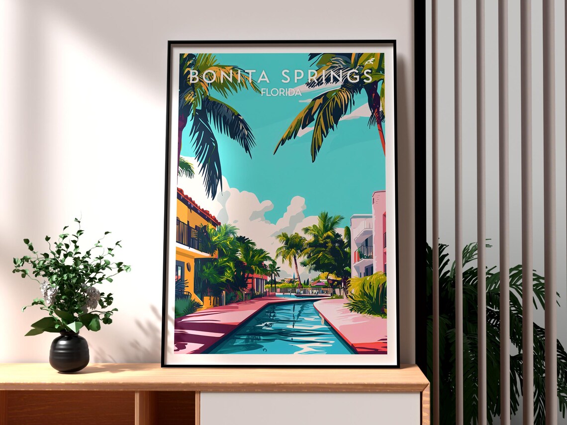Bonita Springs Florida Palm Canal Sunset Gulf Coast Travel Art Poster