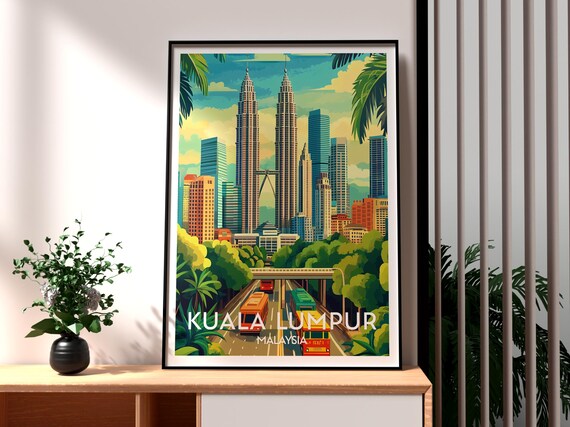 Kuala Lumpur Malaysia Twin Towers City Skyline Retro Travel Poster