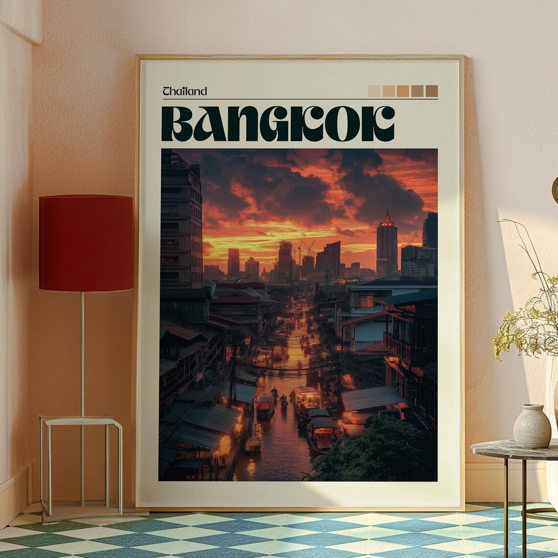 Bangkok Thailand Sunset Canal Street Retro Cityscape Travel Poster - Image 2
