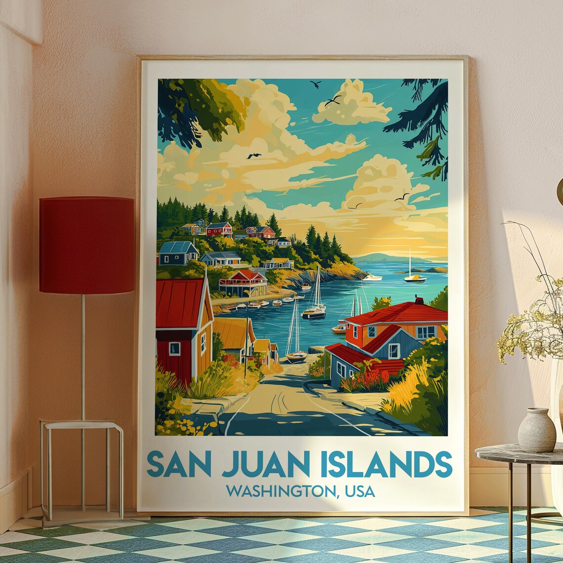 San Juan Islands Washington Sailboat Harbor Retro Travel Poster - Image 2