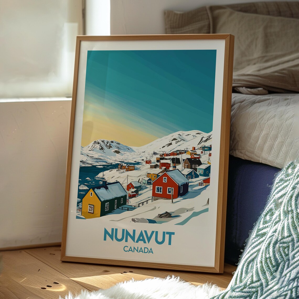 Nunavut Canada Arctic Village Colorful Houses Snowy Shore Travel Poster - Image 3