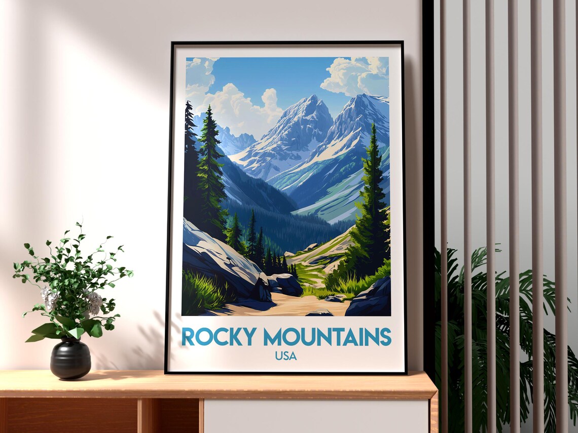 Rocky Mountains USA Snowy Peaks Pine Forest Trail Travel Poster