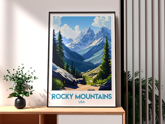 Rocky Mountains USA Snowy Peaks Pine Forest Trail Travel Poster