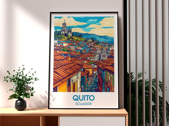 Quito Ecuador Old Town Rooftops Hilltop Church Retro Travel Poster