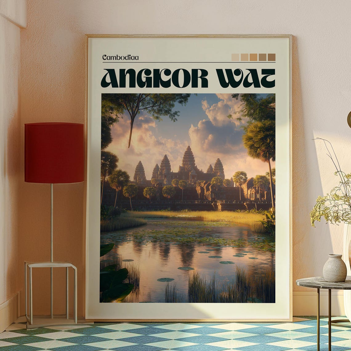 Angkor Wat Cambodia Sunset Temple Reflection Vintage Travel Poster - Image 2