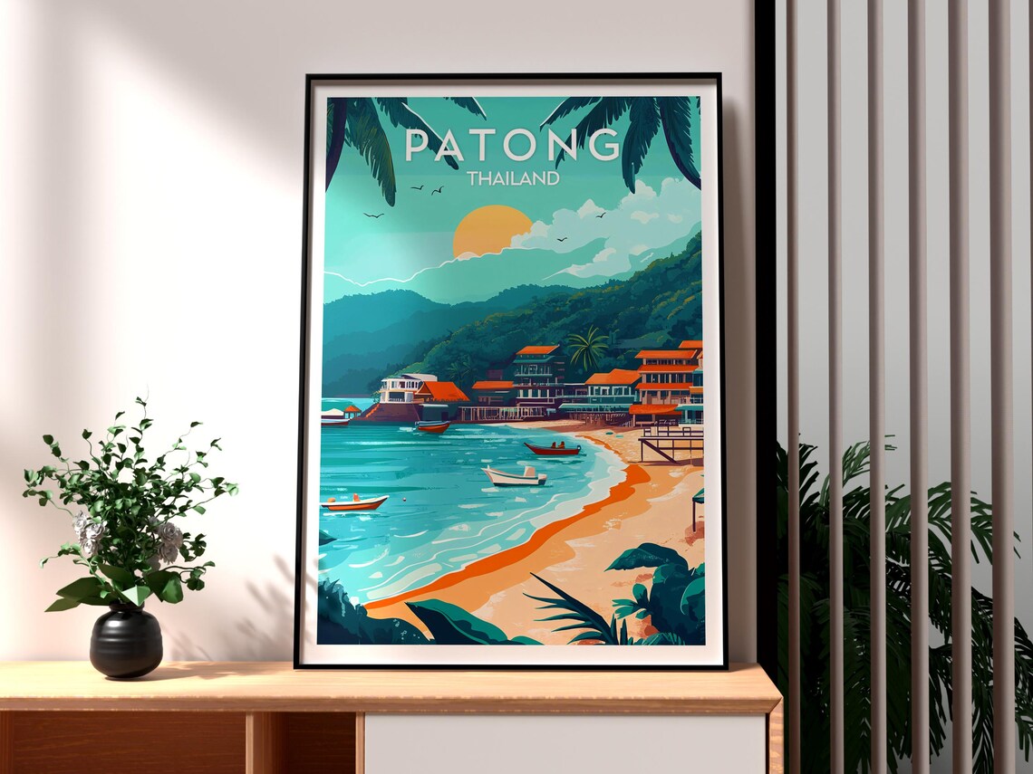 Patong Thailand Sunset Beach Boats Hillside Resorts Travel Poster