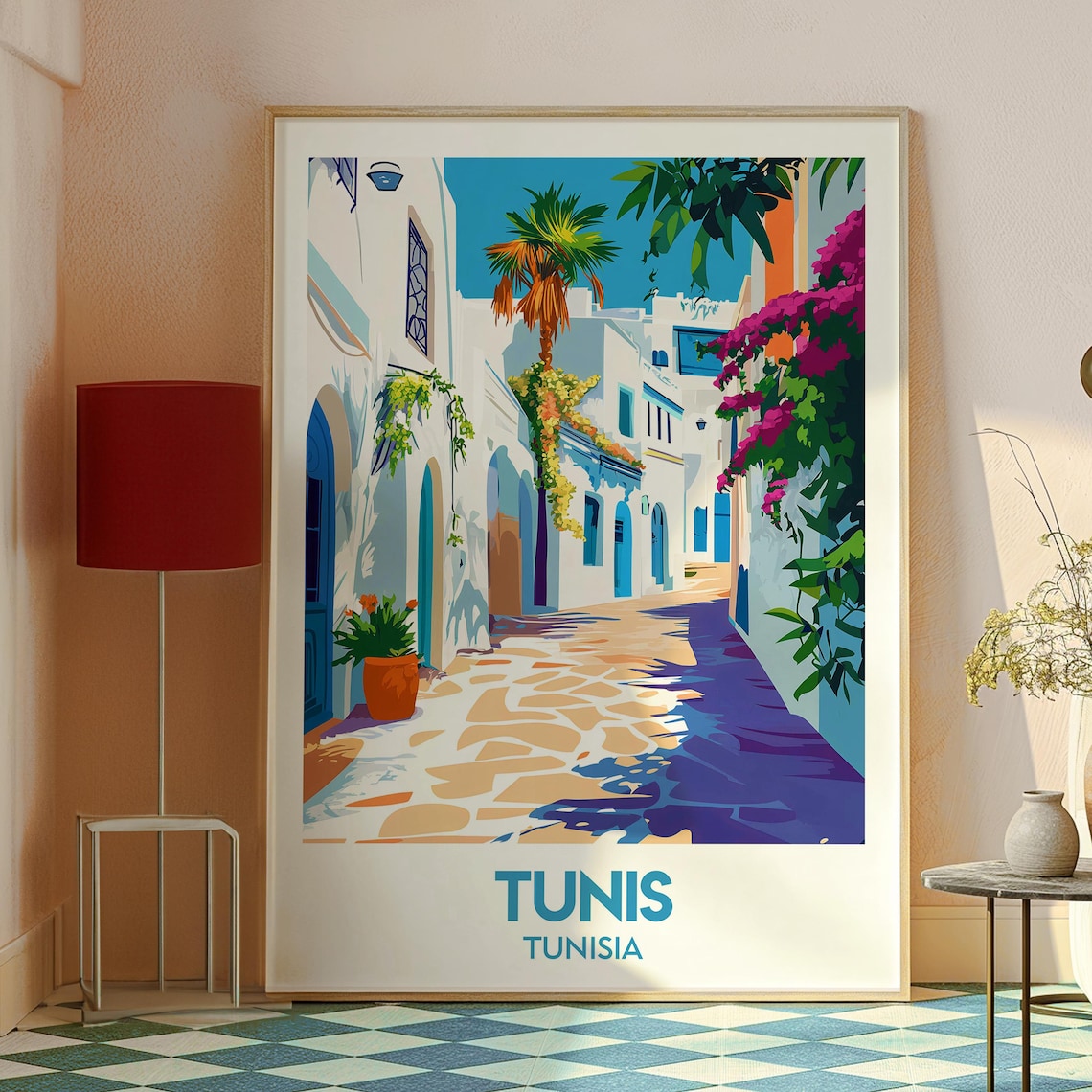 Tunis Tunisia Whitewashed Medina Alley Bougainvillea Travel Poster - Image 2