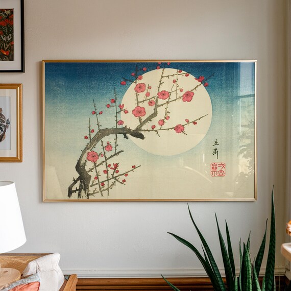 Cherry Blossom Branch and Full Moon Japanese Woodblock Poster