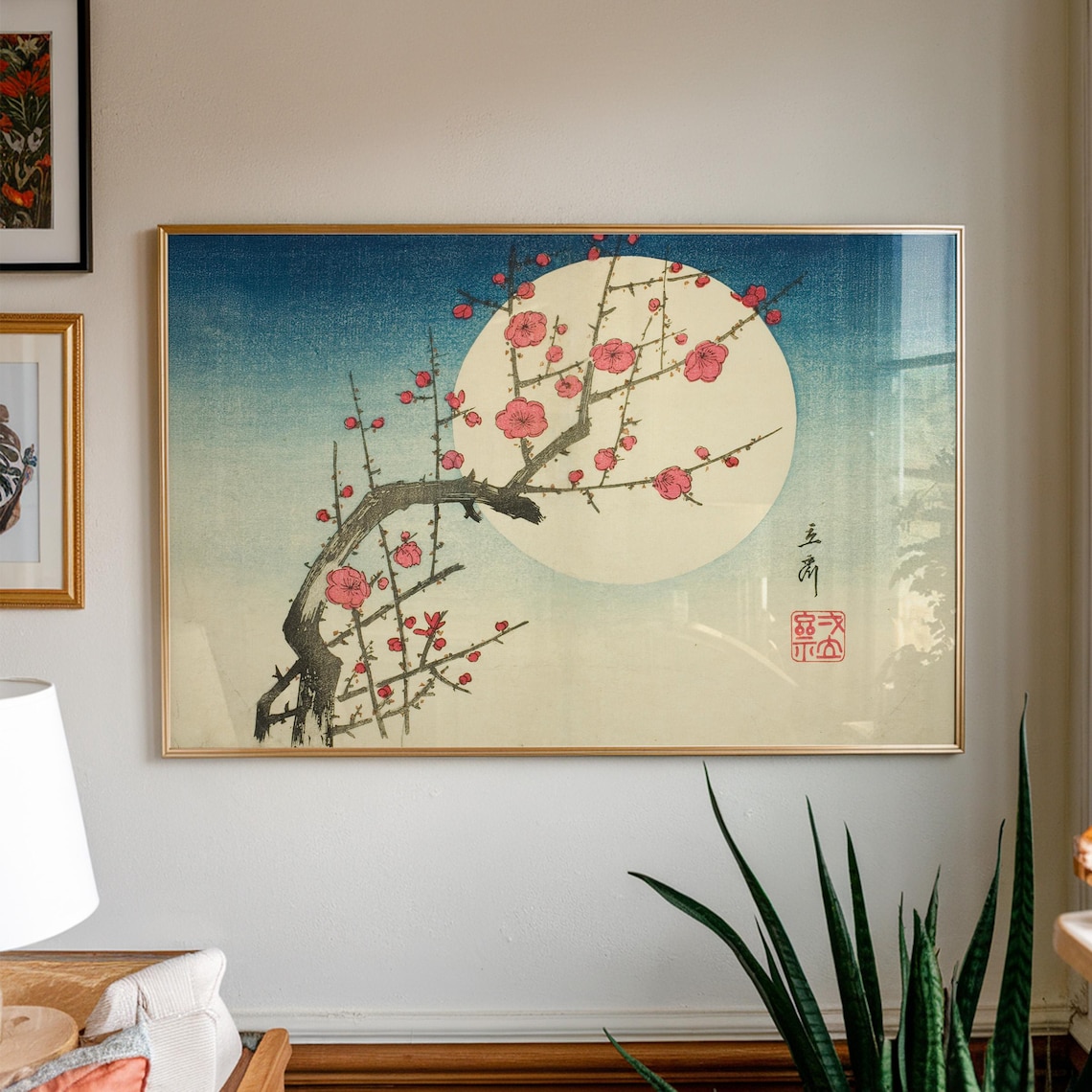 Cherry Blossom Branch and Full Moon Japanese Woodblock Poster