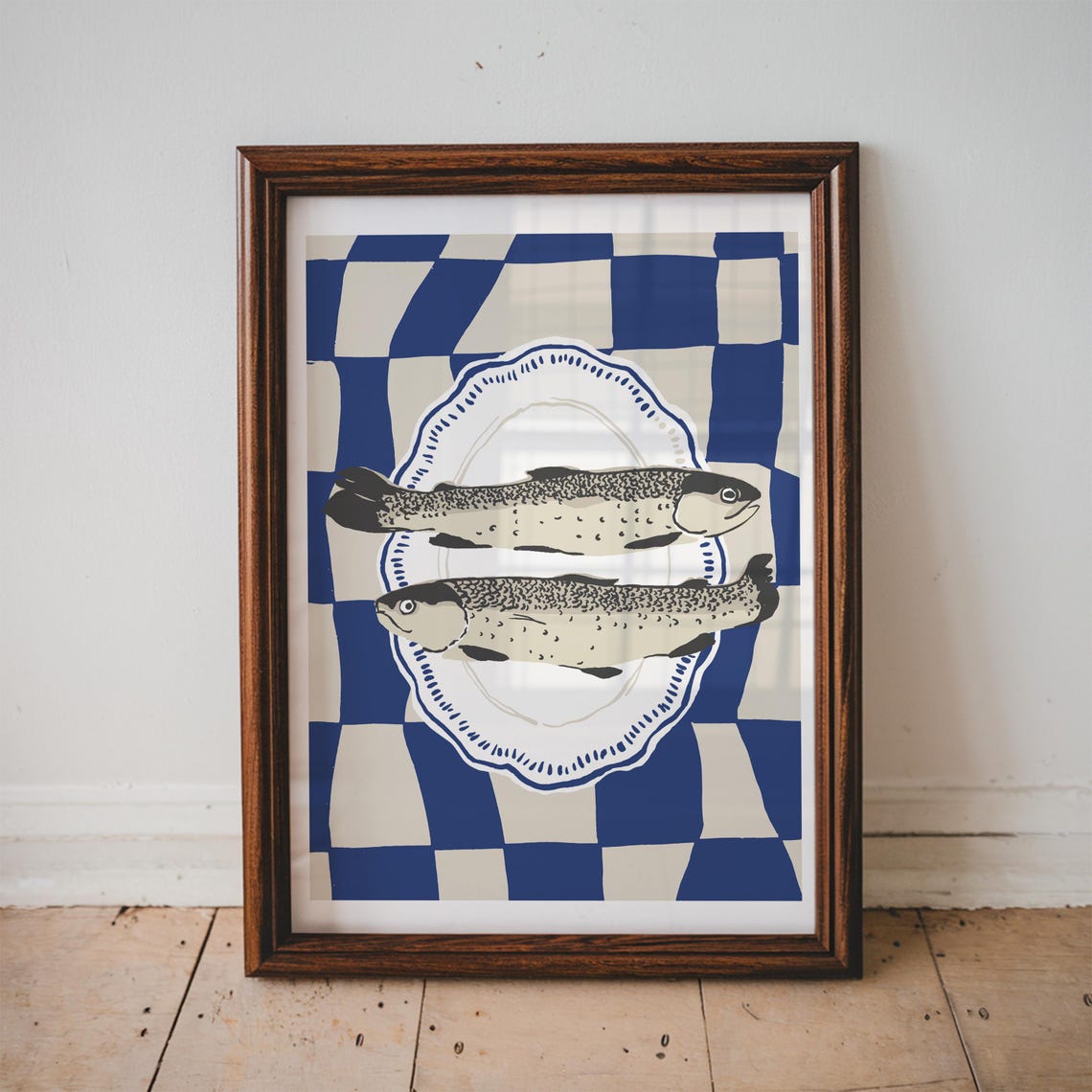 Two Fish On Plate Blue White Checkerboard Seafood Kitchen Wall Art