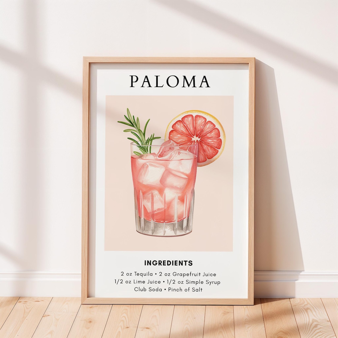 Paloma Cocktail Recipe Watercolor Pink Bar Cart Kitchen Print