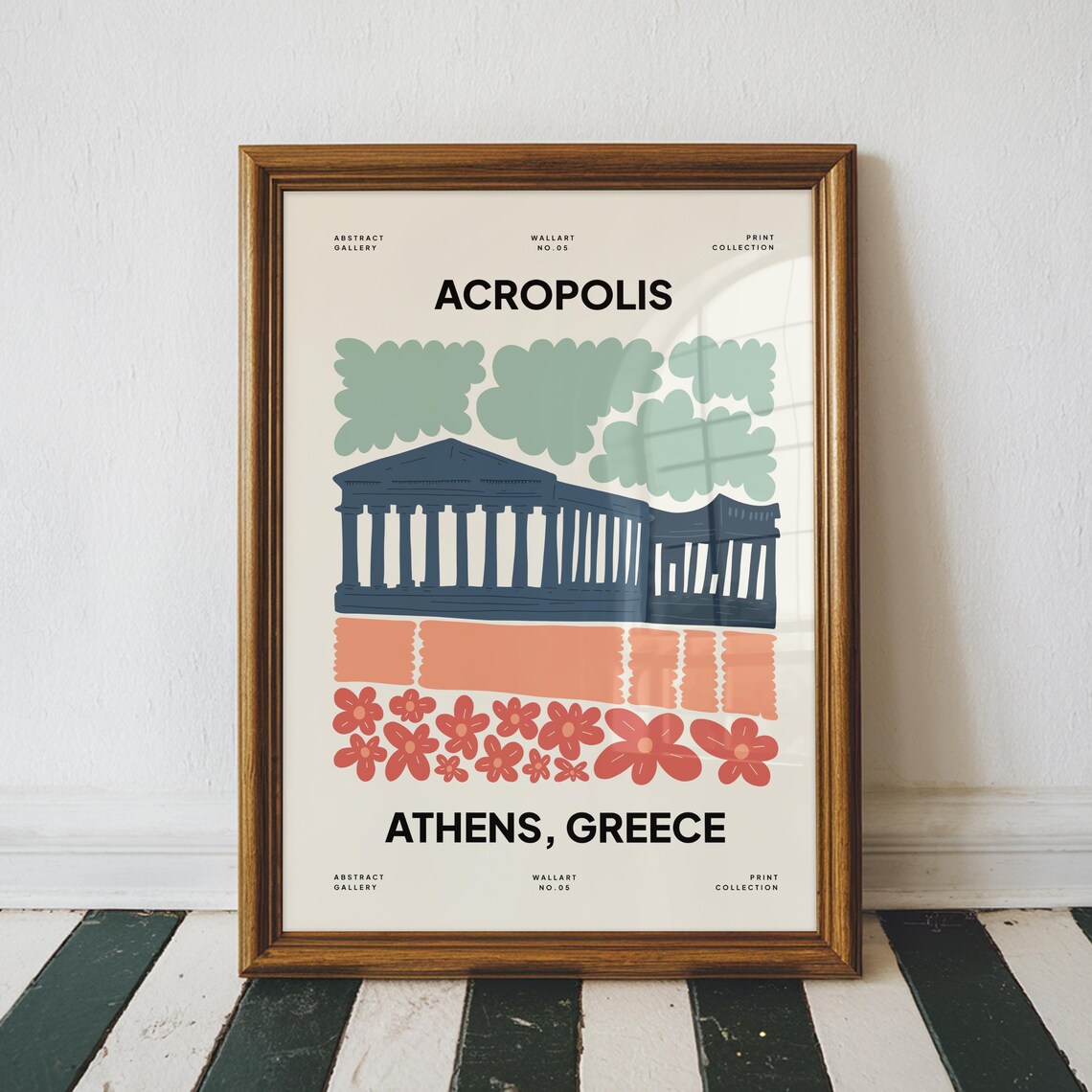 Acropolis Athens Greece Retro Travel Landmark Floral Art Poster