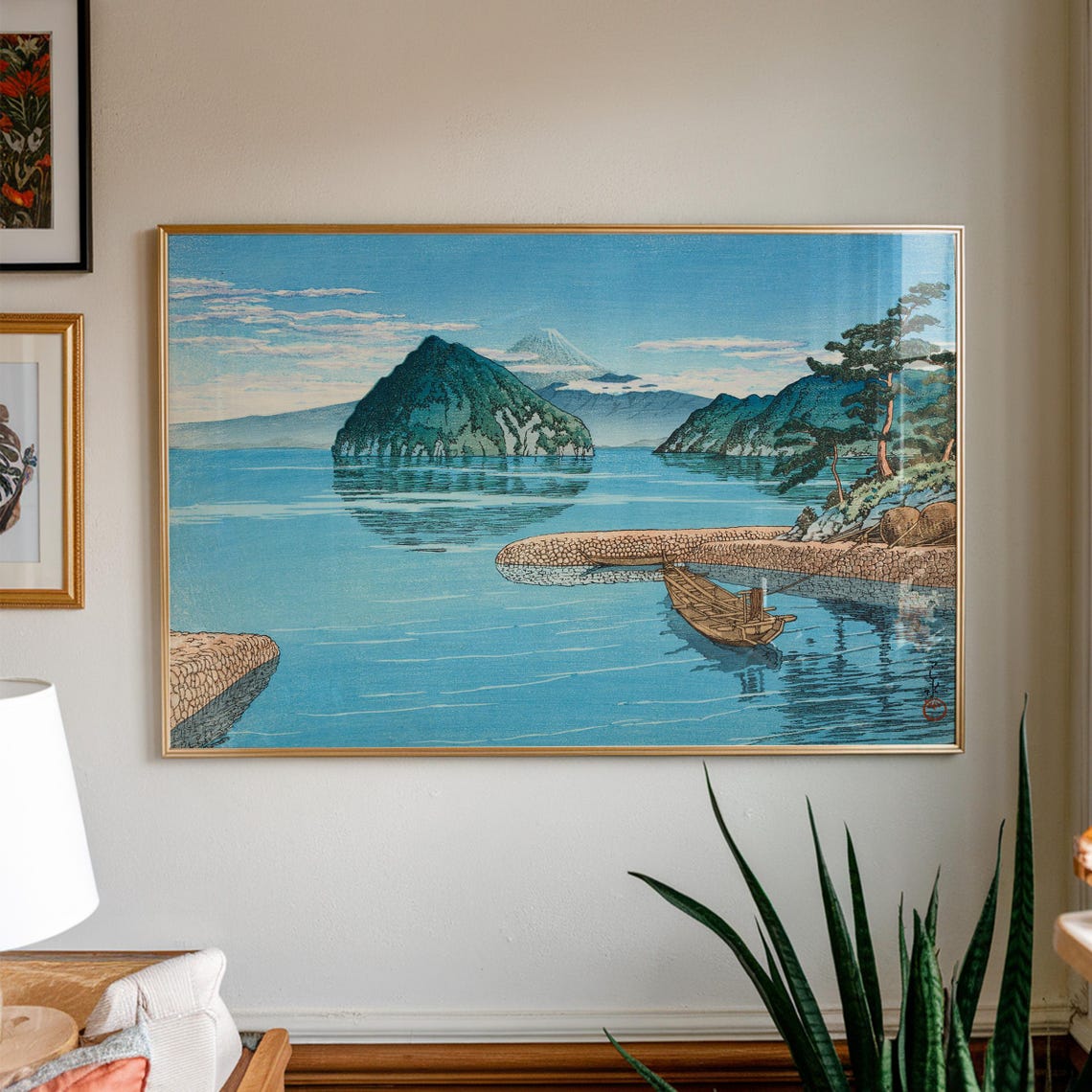 Mt Fuji Bay Fishing Boat Poster Woodblock Style Pines Stone Pier