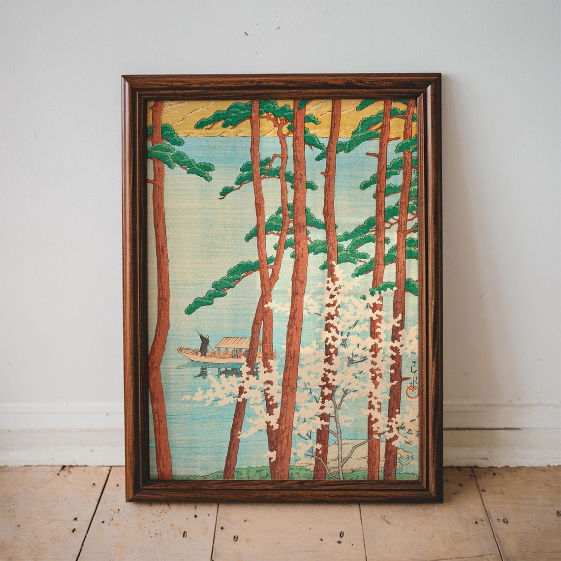 Japanese Pine Trees Lake Boat Cherry Blossom Woodblock Style Art Print