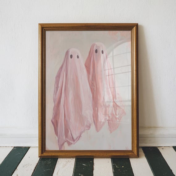 Two Pink Ghosts Painting Cute Halloween Home Decor Apartment Air Bnb Unframed