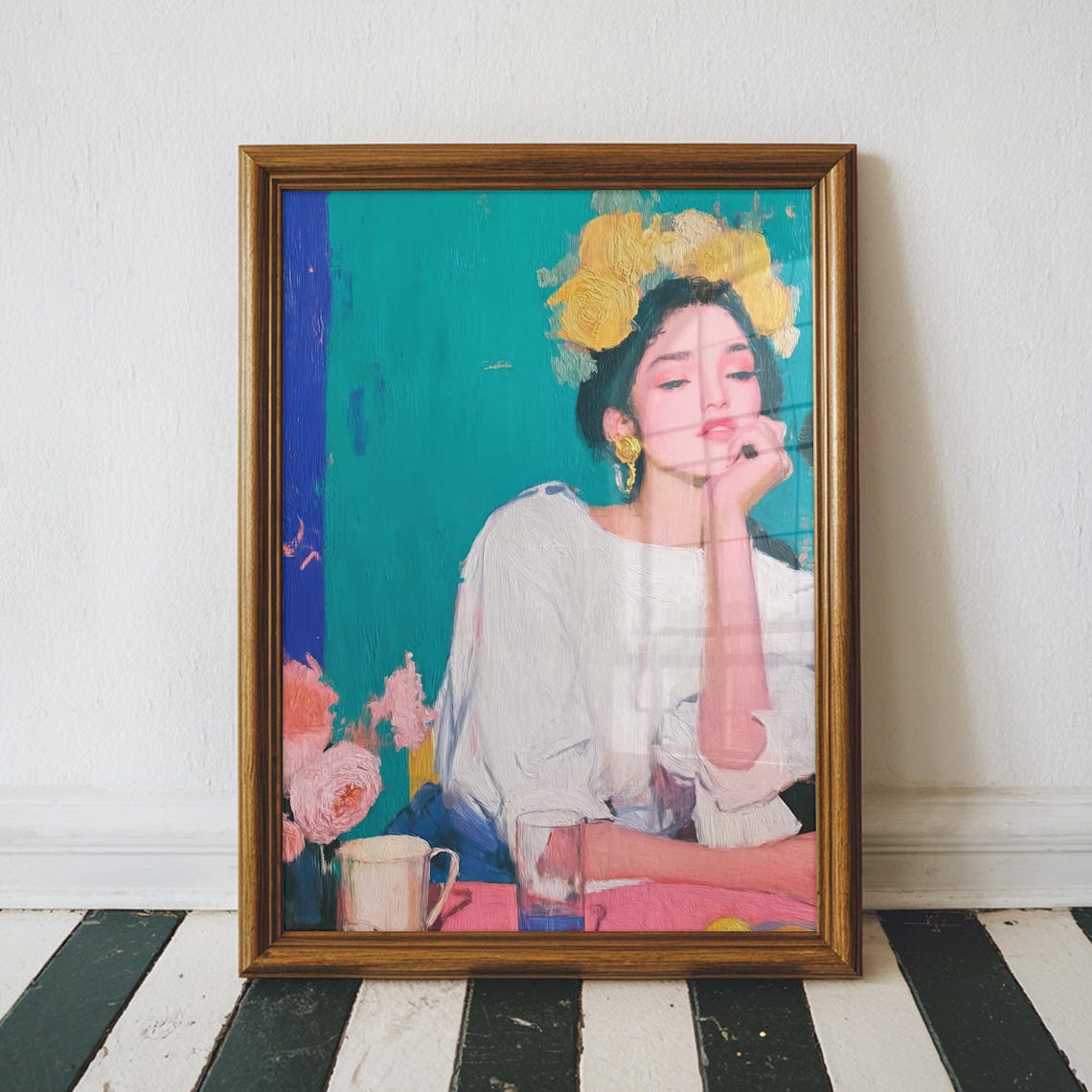 Woman Flower Crown Portrait Yellow Blooms Teal Cafe Wall Art