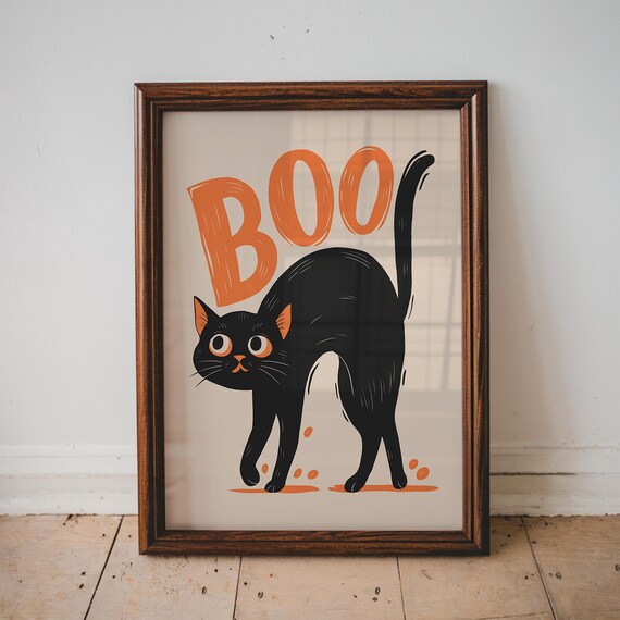 Boo Black Cat Halloween Orange Lettering Cute Spooky Season Poster