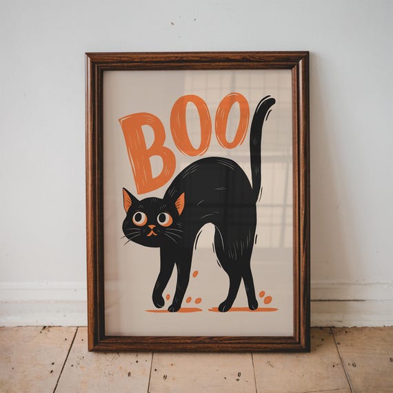 Boo Black Cat Halloween Print Cute Home Decor Apartment Air Bnb Typography Unframed