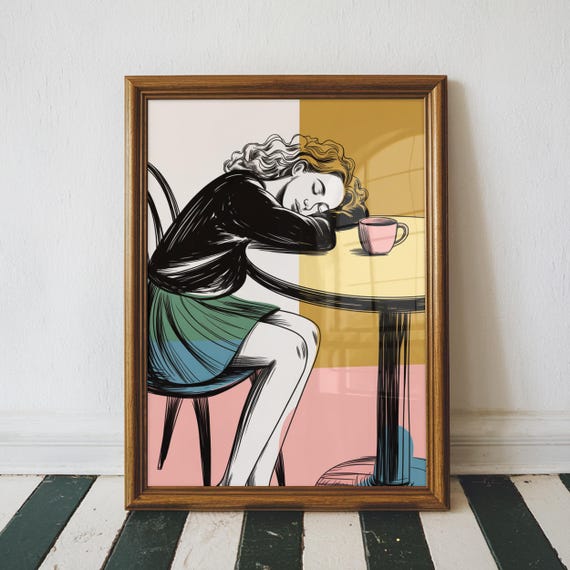 Sleepy Girl Cafe Wall Art Print Coffee Lover Gift Slow Mornings Painting Minimalist Living Room
