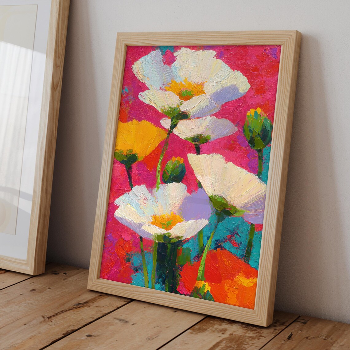 White Poppies On Vivid Pink Impasto Oil Floral Painting Art Print