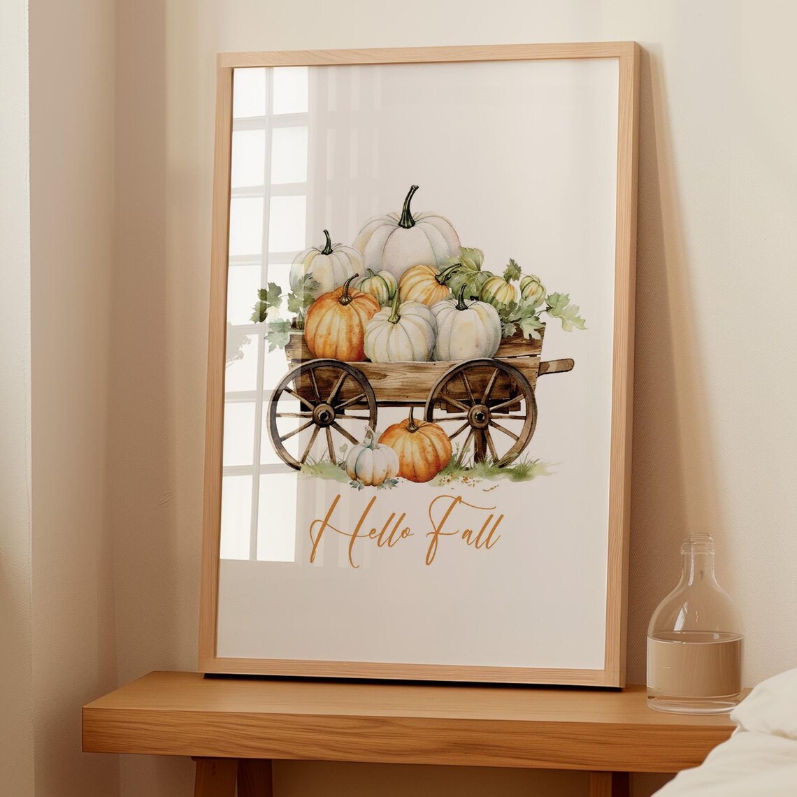 Hello Fall Pumpkin Wagon Watercolor Harvest Farmhouse Art Poster