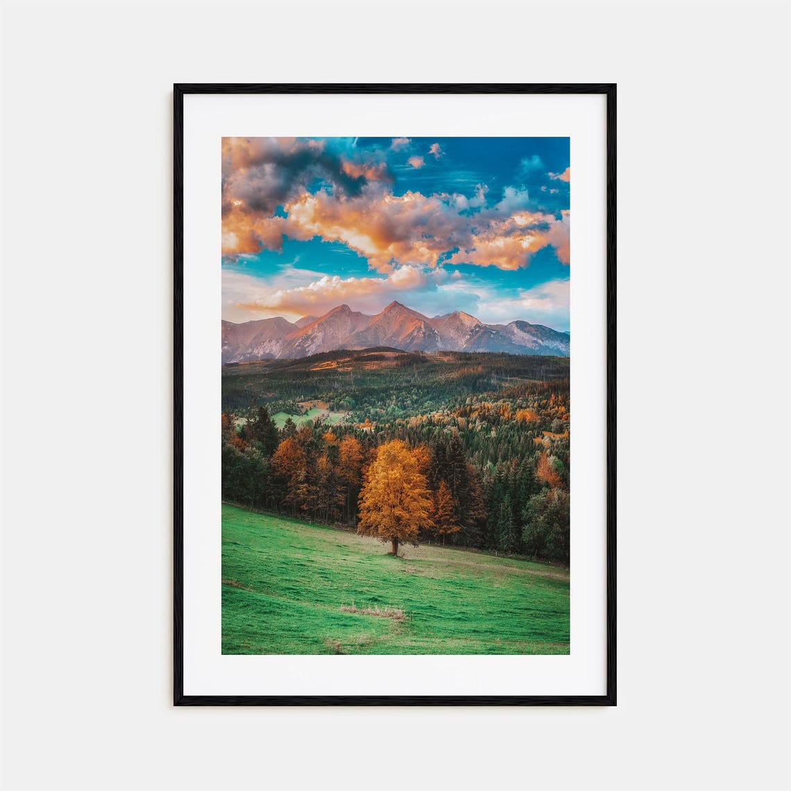 Mountain Sunset Over Autumn Valley Forest Golden Sky Peaks Print