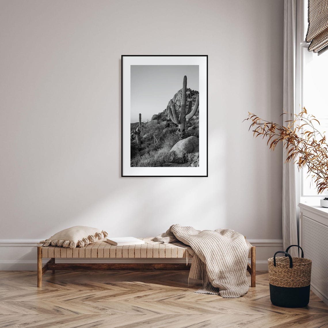 Scottsdale Saguaro Cactus Rocky Desert Black And White Poster - Image 2