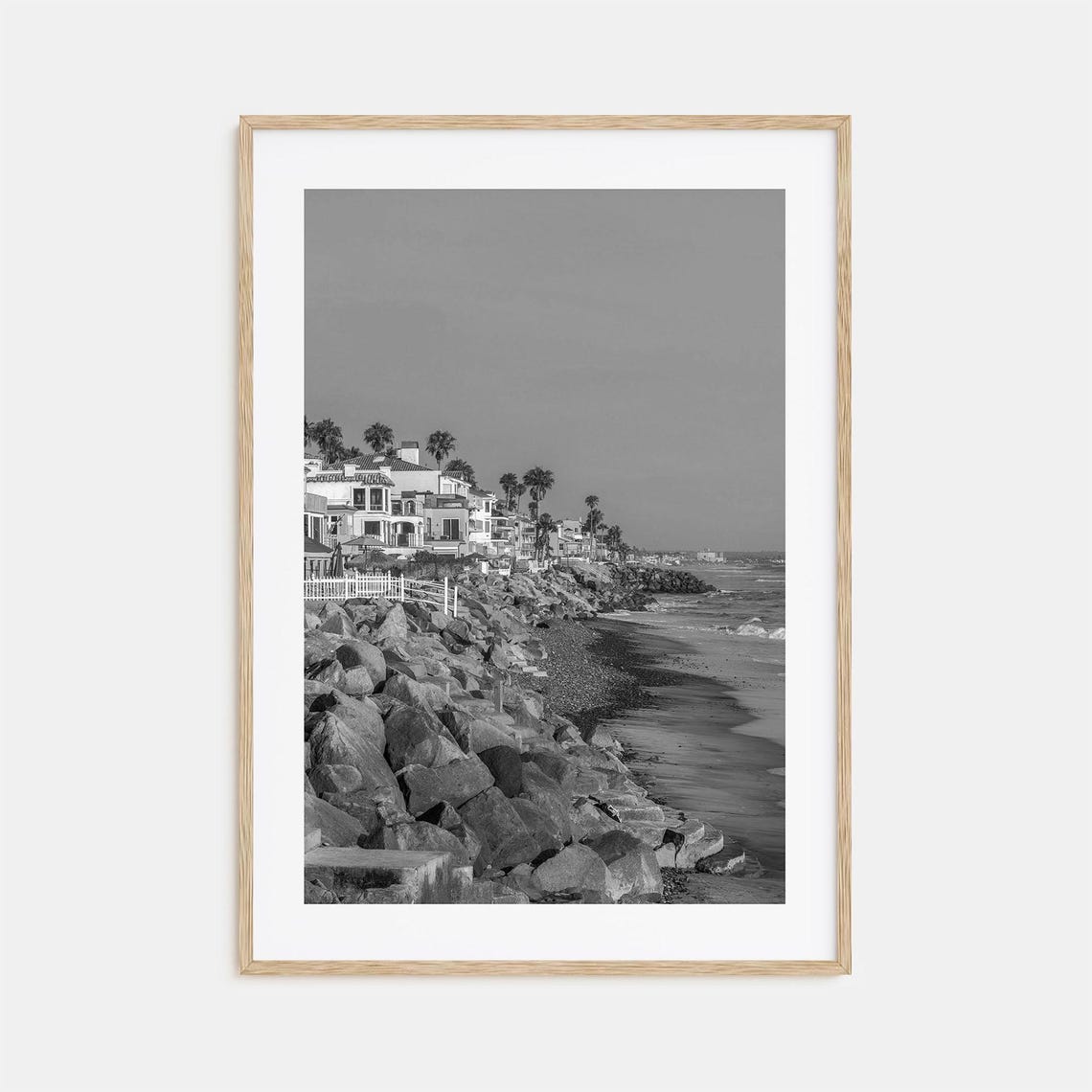 Rocky Oceanfront With Beach Houses And Palms Black And White Poster