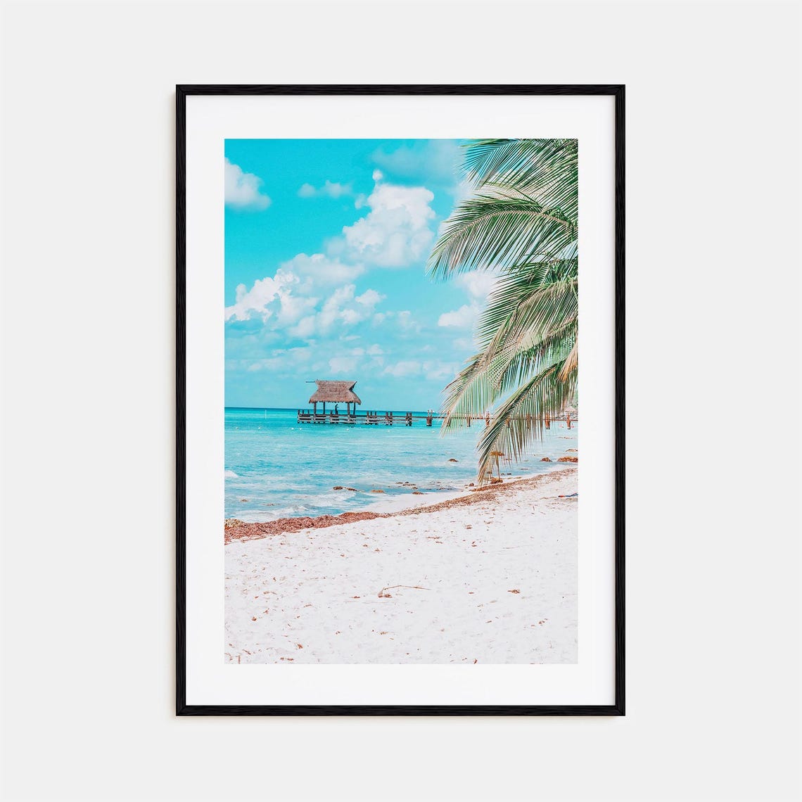 Cozumel White Sand Beach With Palm Fronds and Thatched Pier Poster