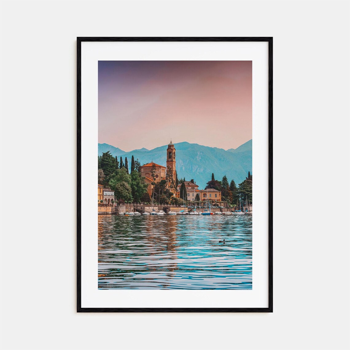 Lake Como Italian Village Church Tower Dusk Boats Calm Water Poster