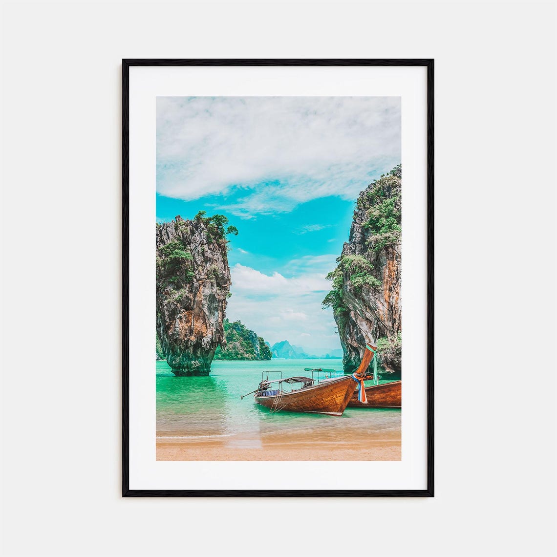 Phuket Limestone Cliffs Longtail Boat Tropical Beach Scene Poster