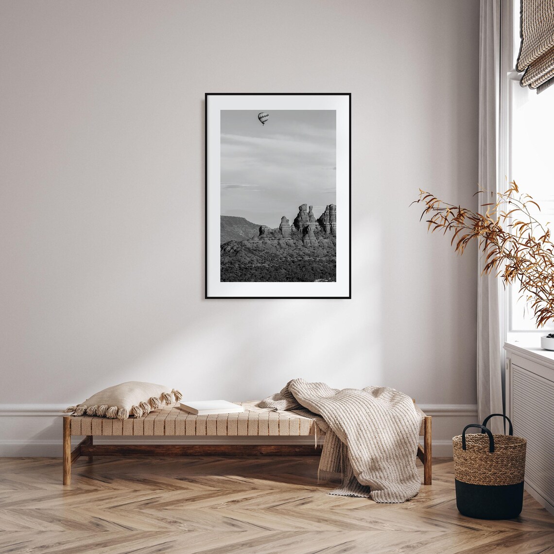 Sedona Red Rock Spires Hot Air Balloon Black and White Poster - Image 2