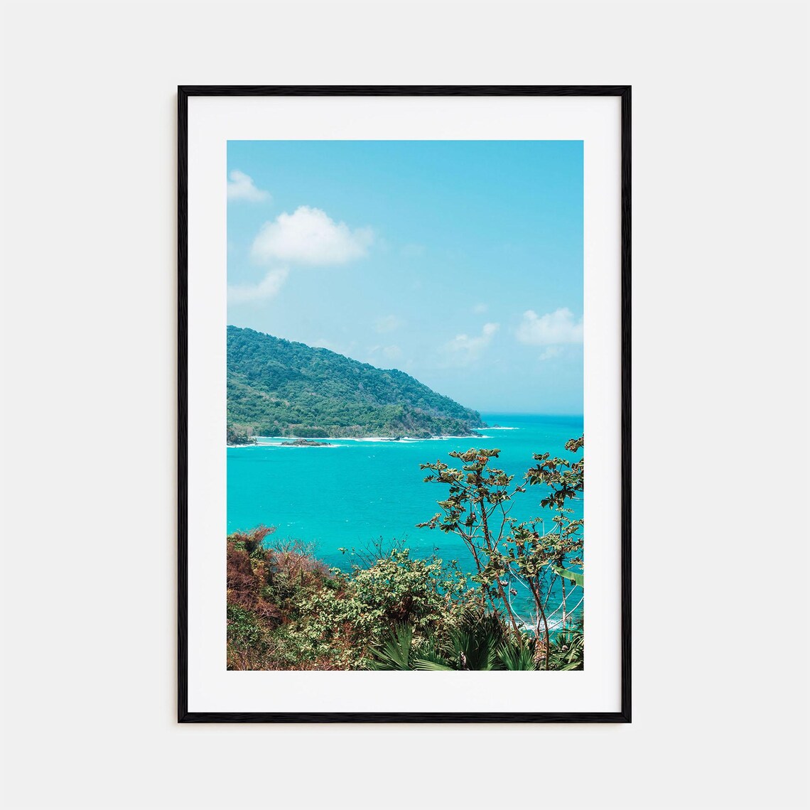 Tropical Coastline with Lush Green Hills Turquoise Water Print